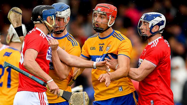 16 June 2019; Luke Meade of Cork during a coming together with Aidan McCarthy of Clare during the Munster GAA Hurling Senior Championship Round 5 match between Clare and Cork at Cusack Park in Ennis, Clare. Photo by Eoin Noonan/Sportsfile