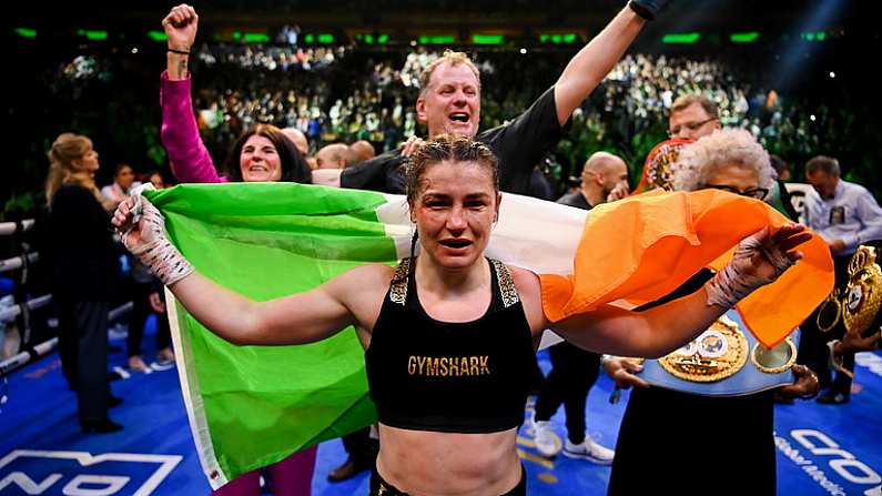 30 April 2022; Katie Taylor celebrates victory after her undisputed world lightweight championship fight with Amanda Serrano at Madison Square Garden in New York, USA. Photo by Stephen McCarthy/Sportsfile