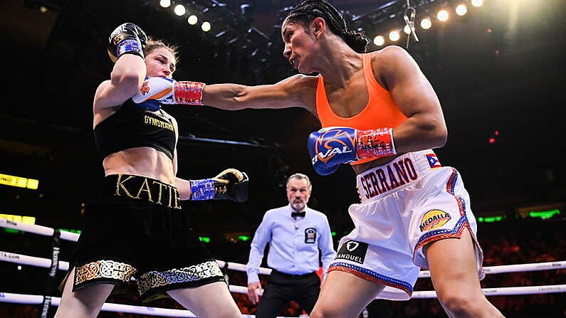 30 April 2022; Amanda Serrano, right, and Katie Taylor during their undisputed world lightweight championship fight at Madison Square Garden in New York, USA. Photo by Stephen McCarthy/Sportsfile