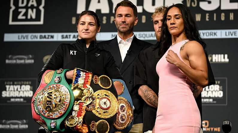 28 April 2022; Katie Taylor, left, and Amanda Serrano face-off during a media conference, held at the Hulu Theatre at Madison Square Garden, ahead of their undisputed lightweight championship fight, on Saturday night at Madison Square Garden in New York, USA. Photo by Stephen McCarthy/Sportsfile