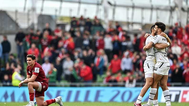 7 May 2022; Romain Ntamack and Thomas Ramos of Toulouse celebrate as Joey Carbery of Munster is dejected during the 'place kick competition' to decide the winner of the Heineken Champions Cup Quarter-Final match between Munster and Toulouse at Aviva Stadium in Dublin. Photo by Brendan Moran/Sportsfile