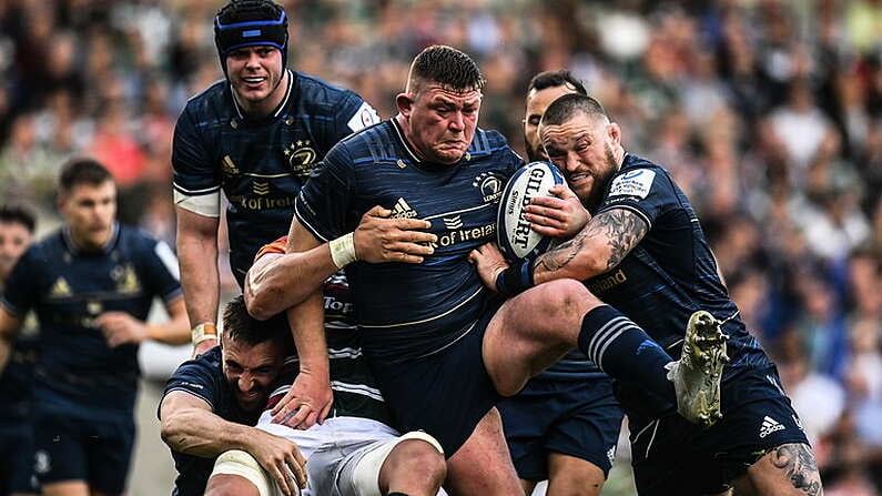 7 May 2022; Tadhg Furlong of Leinster, supported by teammates Jack Conan and Andrew Porter, is tackled by Calum Green of Leicester Tigers during the Heineken Champions Cup Quarter-Final match between Leicester Tigers and Leinster at Mattoli Woods Welford Road Stadium in Leicester, England. Photo by Harry Murphy/Sportsfile