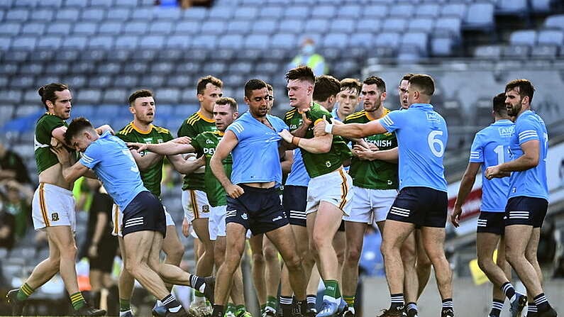 18 July 2021; James McCarthy of Dublin with Thomas O'Reilly of Meath during the Leinster GAA Senior Football Championship Semi-Final match between Dublin and Meath at Croke Park in Dublin. Photo by Eoin Noonan/Sportsfile