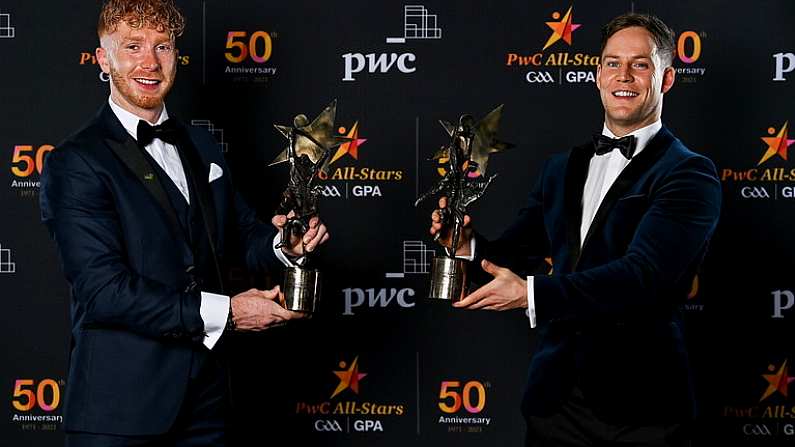 10 December 2021; Cian Lynch of Limerick, left, with his PwC GAA/GPA Hurler of the Year award for 2021 and Kieran McGeary of Tyrone with his PwC GAA/GPA Football of the Year award for 2021 at RTE Studios in Dublin.  Photo by Brendan Moran/Sportsfile