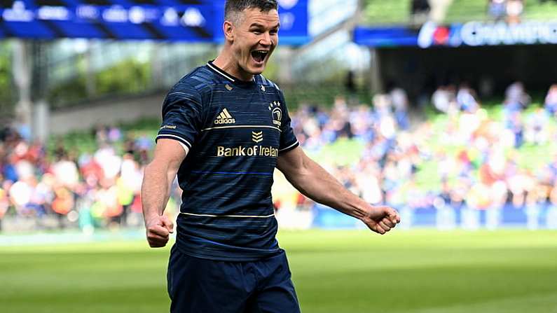 14 May 2022; Jonathan Sexton of Leinster celebrates after the Heineken Champions Cup Semi-Final match between Leinster and Toulouse at Aviva Stadium in Dublin. Photo by Brendan Moran/Sportsfile