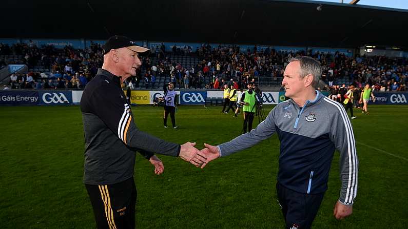 14 May 2022; Kilkenny manager Brian Cody and Dublin manager Mattie Kenny after the Leinster GAA Hurling Senior Championship Round 4 match between Dublin and Kilkenny at Parnell Park in Dublin. Photo by Stephen McCarthy/Sportsfile