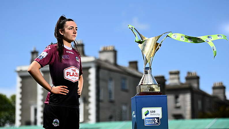 11 May 2022; Chloe Singleton of Galway WFC pictured at the launch of the Football Association of Ireland (FAI) and SSE Airtricitys sustainability drive for Irish football with Mark Scanlon of the FAI and Aine Plunkett of SSE Airtricity. The sustainability drive is aimed at improving the environmental footprint of Irish football across the country. The #DifferentLeague initiative will see every club across the leagues given access to internationally recognised sustainability accreditation experts GreenCode. Photo by David Fitzgerald/Sportsfile