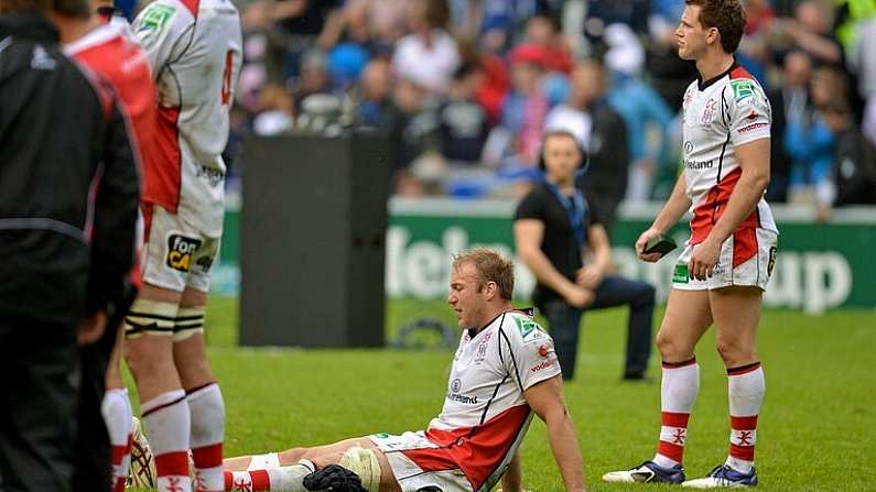 19 May 2012; Stephen Ferris, left, and Craig Gilroy, Ulster, show their disappointment after defeat to Leinster. Heineken Cup Final, Leinster v Ulster, Twickenham Stadium, Twickenham, England. Picture credit: Diarmuid Greene / SPORTSFILE