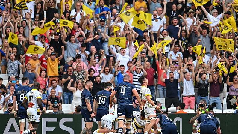 28 May 2022; La Rochelle supporters celebrate a try during the Heineken Champions Cup Final match between Leinster and La Rochelle at Stade Velodrome in Marseille, France. Photo by Ramsey Cardy/Sportsfile