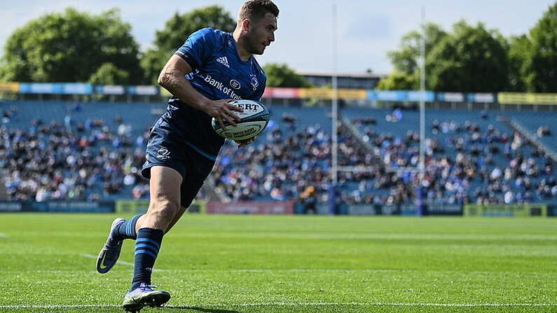 4 June 2022; Jordan Larmour of Leinster runs in to score his side's ninth try during the United Rugby Championship Quarter-Final match between Leinster and Glasgow Warriors at RDS Arena in Dublin. Photo by Brendan Moran/Sportsfile