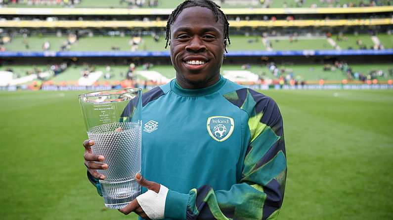 11 June 2022; Michael Obafemi of Republic of Ireland with his player of the match award after the UEFA Nations League B group 1 match between Republic of Ireland and Scotland at the Aviva Stadium in Dublin. Photo by Stephen McCarthy/Sportsfile