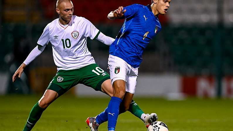 12 November 2021; Samuele Ricci of Italy is tackled by Will Smallbone of Republic of Ireland during the UEFA European U21 Championship qualifying group A match between Republic of Ireland and Italy at Tallaght Stadium in Dublin. Photo by Piaras O Midheach/Sportsfile