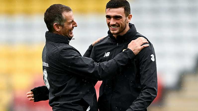 14 November 2020; Republic of Ireland manager Jim Crawford and Troy Parrott during a Republic of Ireland U21's training session at Tallaght Stadium in Dublin. Photo by Harry Murphy/Sportsfile