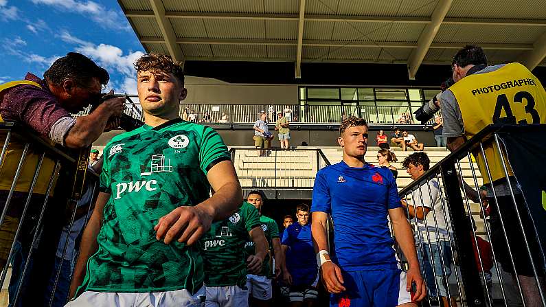 Under-20 Six Nations Summer Series Round 1 Pool A, Payanini Center, Verona, Italy 24/6/2022 France vs Ireland Ireland's Rueben Crothers and France's Emilien Gailleton lead their teams out  Mandatory Credit INPHO/Ben Brady