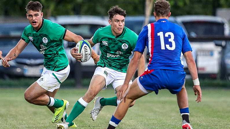 24 June 2022; Reuben Crothers of Ireland in action against Emilien Gailleton of France during the Six Nations U20 summer series match between Ireland and France at Payanini Centre in Verona, Italy. Photo by Roberto Bregani/Sportsfile