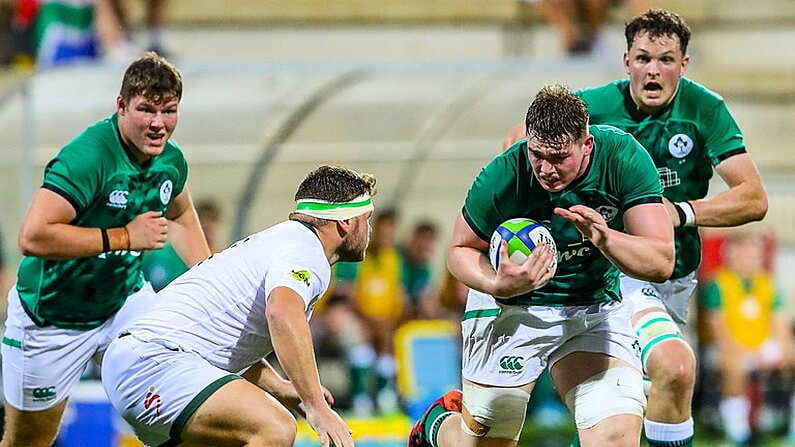 29 June 2022; Diarmuid Mangan of Ireland in action against Corne Lavagna of South Africa during the Six Nations U20 summer series match between Ireland and South Africa at Payanini Centre in Verona, Italy. Photo by Roberto Bregani/Sportsfile