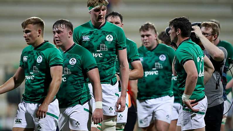 29 June 2022; Dejected Ireland players after the Six Nations U20 summer series match between Ireland and South Africa at Payanini Centre in Verona, Italy. Photo by Roberto Bregani/Sportsfile