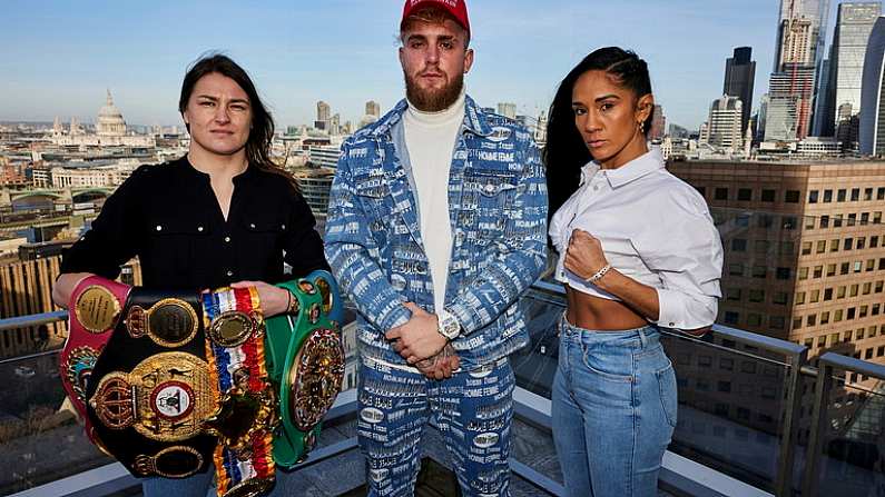 7 February 2022; Katie Taylor, left, with Jake Paul, co-founder of Most Valuable Promotions, centre, and Amanda Serrano after a press conference in London, England announcing her WBA, WBC, IBF, WBO, and The Ring lightweight title bout at Chase Square in Madison Square Garden, New York, USA. Photo by Mark Robinson / Matchroom Boxing via Sportsfile