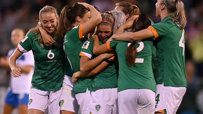 1 September 2022; Republic of Ireland players celebrate their side's first goal, scored by Lily Agg, centre, during the FIFA Women's World Cup 2023 qualifier match between Republic of Ireland and Finland at Tallaght Stadium in Dublin. Photo by Stephen McCarthy/Sportsfile