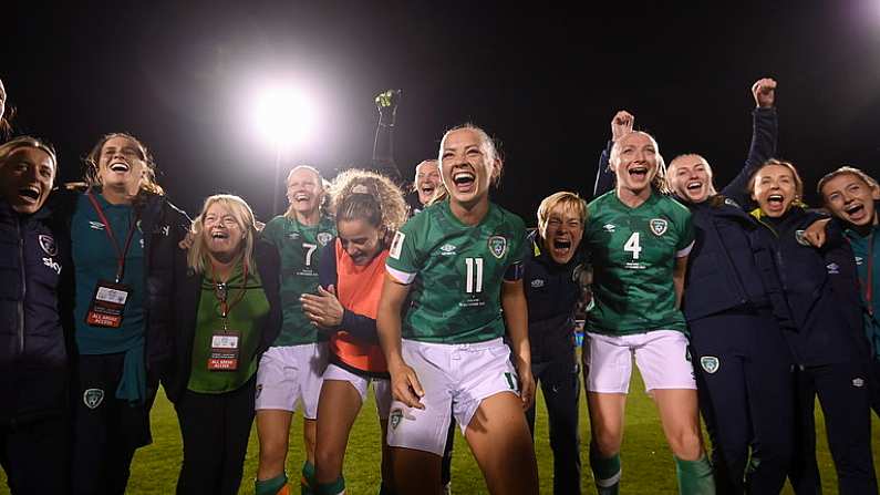 1 September 2022; Republic of Ireland players, including captain Katie McCabe and manager Vera Pauw, celebrate after the FIFA Women's World Cup 2023 qualifier match between Republic of Ireland and Finland at Tallaght Stadium in Dublin. Photo by Stephen McCarthy/Sportsfile