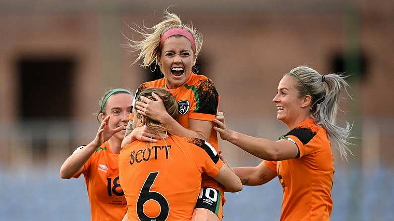 6 September 2022; Denise O'Sullivan of Republic of Ireland celebrates with teammates after scoring their side's first goal during the FIFA Women's World Cup 2023 Qualifier match between Slovakia and Republic of Ireland at National Training Centre in Senec, Slovakia. Photo by Stephen McCarthy/Sportsfile