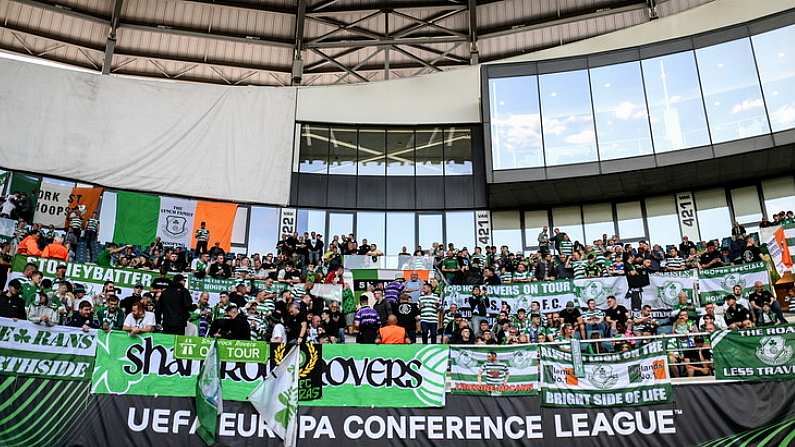 15 September 2022; Shamrock Rovers supporters before the UEFA Europa Conference League Group F match between Gent and Shamrock Rovers at KAA Gent Stadium in Gent, Belgium. Photo by Stephen McCarthy/Sportsfile