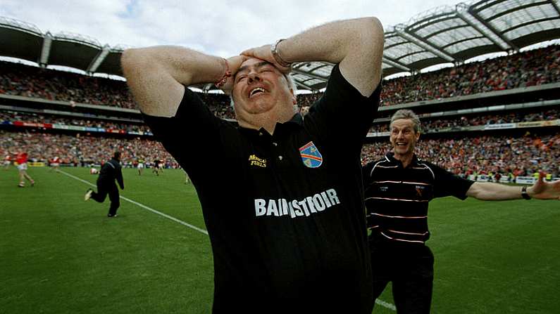 22 September 2002; Armagh manager Joe Kernan celebrates following the GAA Football All-Ireland Senior Championship Final match between Armagh and Kerry at Croke Park in Dublin. Photo by Brendan Moran/Sportsfile