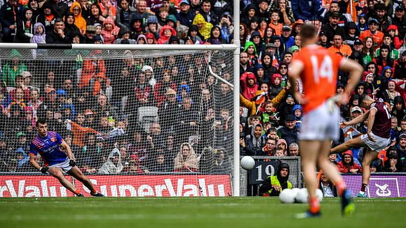 26 June 2022; Armagh goalkeeper Ethan Rafferty is beaten by Robert Finnerty of Galway penalty during the GAA Football All-Ireland Senior Championship Quarter-Final match between Armagh and Galway at Croke Park, Dublin. Photo by Ray McManus/Sportsfile