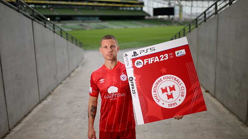 21 September 2022; Return of the packs! SSE Airtricity League FIFA 23 Club Packs are back! Featuring the individual club crest of all 10 Premier Division teams, these exclusive sleeves will be available to download free from https://www.ea.com/games/fifa/fifa-23 when the game launches Friday, 30th September! Luke Byrne of Shelbourne during the FIFA 23 SSE Airtricity League cover launch at Aviva Stadium in Dublin. Photo by Stephen McCarthy/Sportsfile