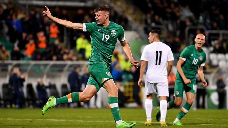 23 September 2022; Evan Ferguson of Republic of Ireland celebrates after scoring his side's first goal during the UEFA European U21 Championship play-off first leg match between Republic of Ireland and Israel at Tallaght Stadium in Dublin. Photo by Eoin Noonan/Sportsfile