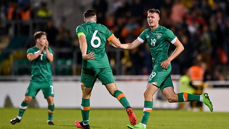 23 September 2022; Evan Ferguson of Republic of Ireland celebrates with teammate Conor Coventry, 6, after scoring their side's first goal during the UEFA European U21 Championship play-off first leg match between Republic of Ireland and Israel at Tallaght Stadium in Dublin. Photo by Seb Daly/Sportsfile