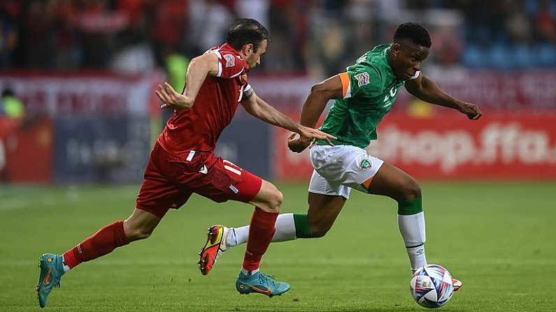 4 June 2022; Chiedozie Ogbene of Republic of Ireland in action against Kamo Hovhannisyan of Armenia during the UEFA Nations League B group 1 match between Armenia and Republic of Ireland at Vazgen Sargsyan Republican Stadium in Yerevan, Armenia. Photo by Stephen McCarthy/Sportsfile