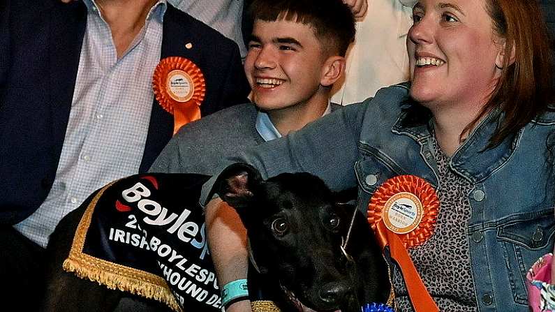 24 September 2022; Trainer Jennifer O'Donnell celebrates with Born Warrior after winning the 2022 BoyleSports Irish Greyhound Derby FInal at Shelbourne Park in Dublin. Photo by Seb Daly/Sportsfile