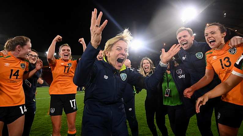 11 October 2022; Republic of Ireland manager Vera Pauw celebrates with her players after the FIFA Women's World Cup 2023 Play-off match between Scotland and Republic of Ireland at Hampden Park in Glasgow, Scotland. Photo by Stephen McCarthy/Sportsfile