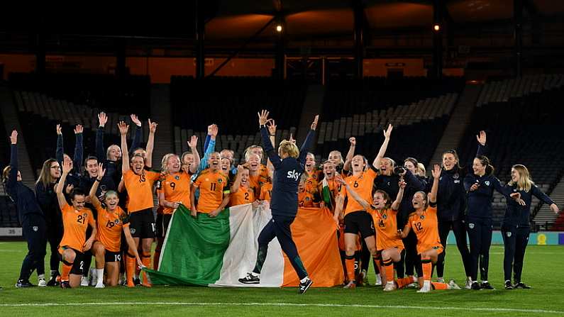 11 October 2022; Republic of Ireland manager Vera Pauw joins the celebrates with her players and staff after the FIFA Women's World Cup 2023 Play-off match between Scotland and Republic of Ireland at Hampden Park in Glasgow, Scotland. Photo by Stephen McCarthy/Sportsfile