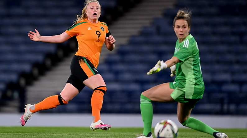 11 October 2022; Amber Barrett of Republic of Ireland scores her side's first goal during the FIFA Women's World Cup 2023 Play-off match between Scotland and Republic of Ireland at Hampden Park in Glasgow, Scotland. Photo by Stephen McCarthy/Sportsfile