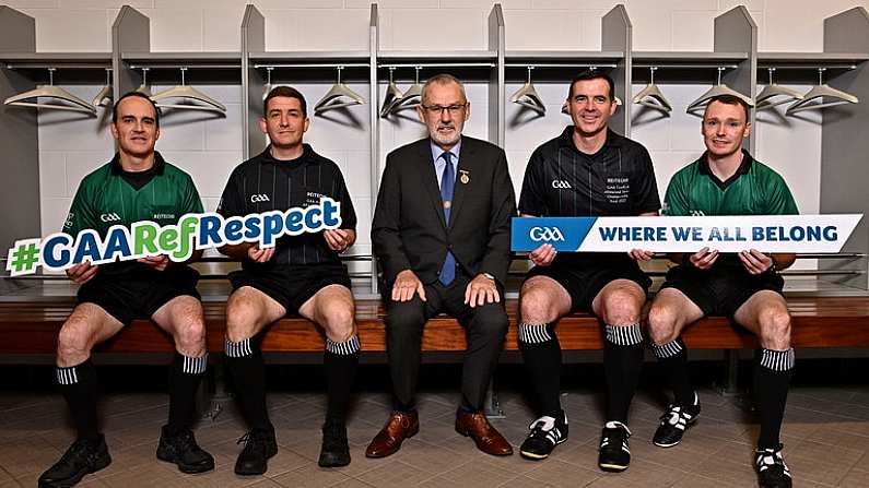 13 October 2022; In attendance during the GAA Referees Respect Day at Croke Park in Dublin are Uachtaran Chumann Luthchleas Gael Larry McCarthy, centre, with referees, from left, David Coldrick, Colm Lyons, Thomas Gleeson and Sean Hurson. Photo by Sam Barnes/Sportsfile