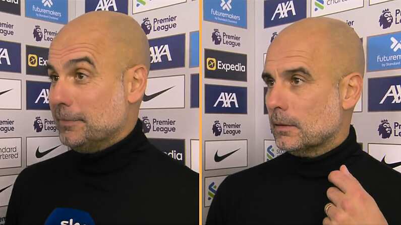 Pep Guardiola in disbelief after a question from interviewer Geoff Shreeves