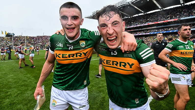 24 July 2022; Paudie Clifford, right, and Sean O'Shea of Kerry celebrate after the GAA Football All-Ireland Senior Championship Final match between Kerry and Galway at Croke Park in Dublin. Photo by David Fitzgerald/Sportsfile