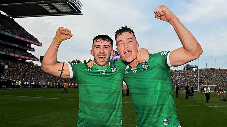 17 July 2022; Aaron Gillane and Kyle Hayes of Limerick celebrate after their side's victory in the GAA Hurling All-Ireland Senior Championship Final match between Kilkenny and Limerick at Croke Park in Dublin. Photo by Harry Murphy/Sportsfile