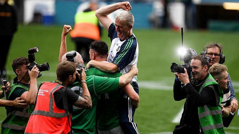 19 August 2018; Limerick manager John Kiely is the centre of celebrations after the GAA Hurling All-Ireland Senior Championship Final match between Galway and Limerick at Croke Park in Dublin.  Photo by Ray McManus/Sportsfile