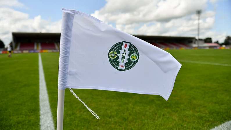 4 August 2019; A general view of a sideline flag prior to the GAA Football All-Ireland Senior Championship Quarter-Final Group 2 Phase 3 match between Tyrone and Dublin at Healy Park in Omagh, Tyrone. Photo by Brendan Moran/Sportsfile