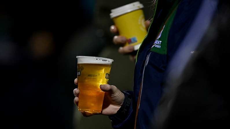 1 October 2021; Supporters with alcohol and non alcoholic beverages to his seat during the United Rugby Championship match between Connacht and Vodacom Bulls at The Sportsground in Galway. Photo by Brendan Moran/Sportsfile