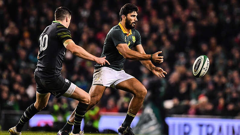 11 November 2017; Damian de Allende of South Africa in action against Jonathan Sexton of Ireland during the Guinness Series International match between Ireland and South Africa at the Aviva Stadium in Dublin. Photo by Brendan Moran/Sportsfile