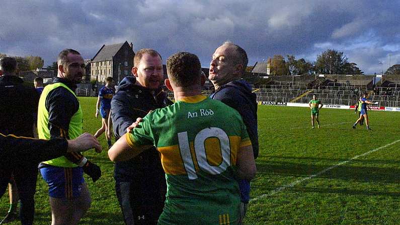 6 November 2022; Ratoath manager David Brady tussles with Anton Sullivan of Rhode after the AIB Leinster GAA Football Senior Club Championship quarter-final match between Ratoath and Rhode at Pairc Tailteann in Navan, Meath. Photo by Eoin Noonan/Sportsfile