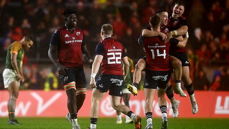 10 November 2022; Munster players celebrate after the match between Munster and South Africa Select XV at Pairc Ui Chaoimh in Cork. Photo by David Fitzgerald/Sportsfile