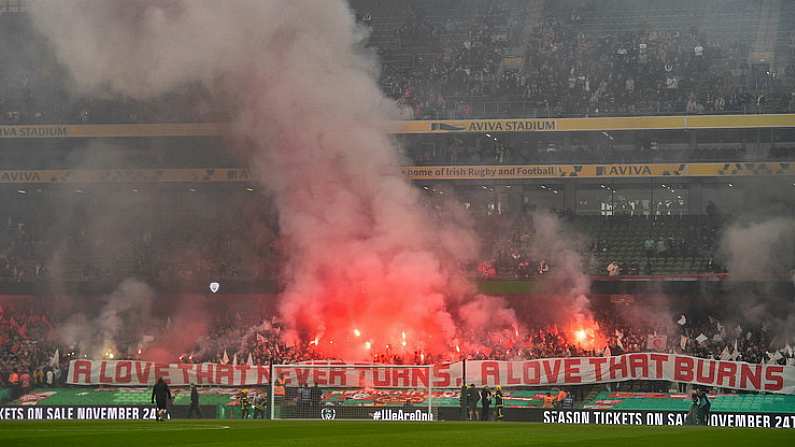 13 November 2022; Shelbourne supporters before the Extra.ie FAI Cup Final match between Derry City and Shelbourne at Aviva Stadium in Dublin. Photo by Eoin Noonan/Sportsfile