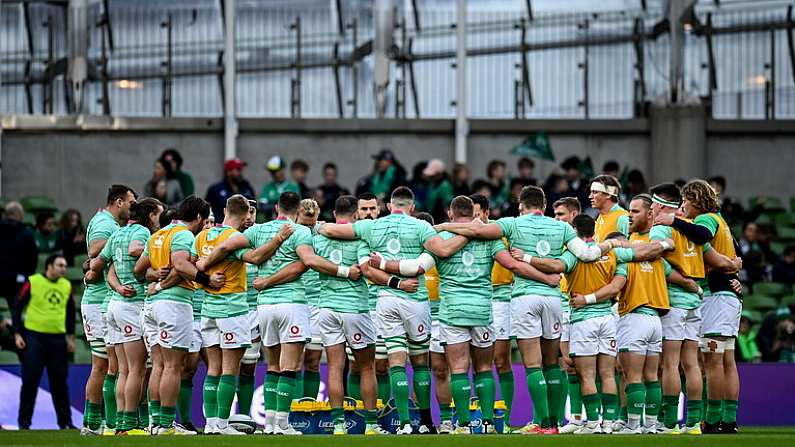 12 November 2022; Ireland players huddle before the Bank of Ireland Nations Series match between Ireland and Fiji at the Aviva Stadium in Dublin. Photo by Harry Murphy/Sportsfile