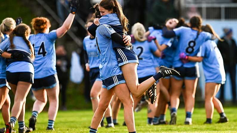 27 November 2022; Grace Shannon, left, and Lara O'Connor of Longford Slashers celebrate after the CurrentAccount.ie LGFA All-Ireland Intermediate Club Championship Semi-Final match between Longford Slashers and Charlestown, Mayo, at Michael Fay Park in Farneyhoogan, Longford. Photo by Harry Murphy/Sportsfile