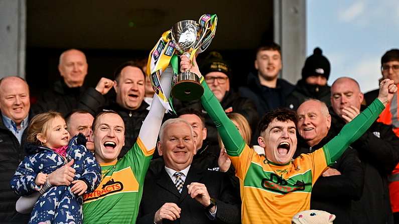 4 December 2022; Dunloy Cuchullains joint-captains Paul Shiels, left, and Ryan Elliott lift the trophy after the AIB Ulster GAA Hurling Senior Club Championship Final match between Dunloy Cuchullains of Antrim and Slaughtneil of Derry at Athletics Grounds in Armagh. Photo by Ramsey Cardy/Sportsfile